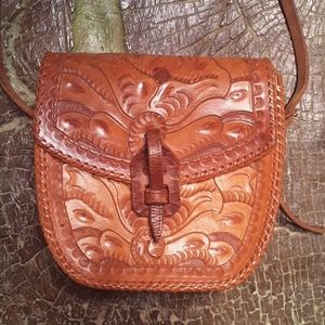 Vintage tooled leather crossbody handbag